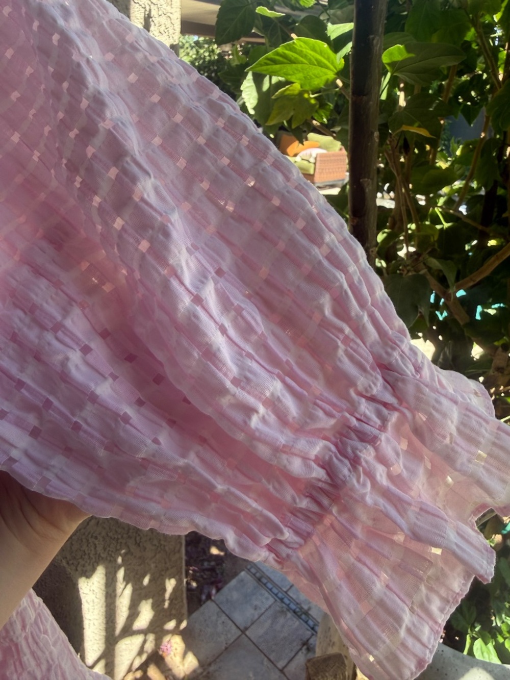 MABLE Pink Smocked Puff Sleeve Textured Check Tiered Babydoll Mini Dress Small - Picture 9 of 16